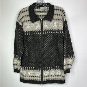 Summit Hill Gray Full Zip Reindeer Snowflake Sweater Size Large